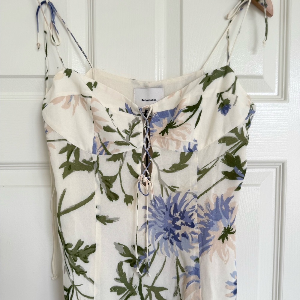 Reformation Emely Dress Midi Length Serenity Ivory Lilac Floral Lace Up French - Picture 7 of 11